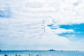 Red Arrows - Royal Air Force air plaines under Bournemouth beach during Bournemouth Air Festival 2018. BOURNEMOUTH, UK - AUGUST 31 Royalty Free Stock Photo