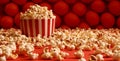 red art food corn box film cinema blue background bucket popcorn. Generative AI. Royalty Free Stock Photo