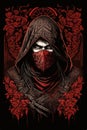 Red assassin ninja head illustration with sacred foliage geometry pattern