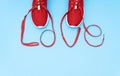 Red athletic shoes and lettering love made of the shoelaces on a blue background