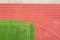 Red athletics running track at the stadium. aerial view Royalty Free Stock Photo