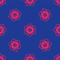 Red Atom icon isolated seamless pattern on blue background. Symbol of science, education, nuclear physics, scientific Royalty Free Stock Photo