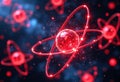 Red atomic model with glowing electron orbits floating in dark space background Royalty Free Stock Photo