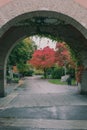 Red autumn colored tree in park on the other side of an arch in Lund Sweden