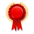 Red Award Ribbon Vector. Success Emblem. Promotion Brochure. Pesentation Win. 3D Realistic Illustration Royalty Free Stock Photo