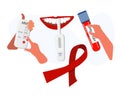 Express HIV self-test kit illustration with human hands and mouth.Immunodeficiency virus diagnostic concept. AIDs awareness ribbon