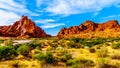 Red Aztec Sandstone Mountains at the Mouse`s Tank Trail in the Valley of Fire State Park in Nevada, USA