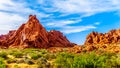Red Aztec Sandstone Mountains at the Mouse`s Tank Trail in the Valley of Fire State Park in Nevada, USA