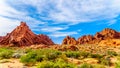 Red Aztec Sandstone Mountains at the Mouse`s Tank Trail in the Valley of Fire State Park in Nevada, USA