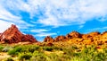 Red Aztec Sandstone Mountains at the Mouse`s Tank Trail in the Valley of Fire State Park in Nevada, USA