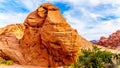 Red Aztec Sandstone Mountains at the Mouse`s Tank Trail in the Valley of Fire State Park in Nevada, USA
