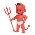 Red baby devil, shoulder devil with horns and tail holding trident, 3d rendering