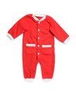 Red baby suit on white, top view. Christmas clothes