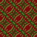 Red backdrop and yellow green american native Maya Aztec Inca pattern. Stonework mosaic seamless texture