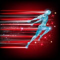 Red background with cyborg flying or runing with speed of light