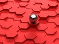 Red background of 3d hexagons and steel sphere