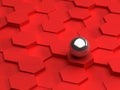 Red background of 3d hexagons and steel sphere