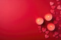 Red Background With Empty Space With Pink Heartshaped Candles On The Side, Top View. Generative AI