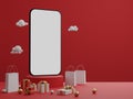 Red background with empty white screen mobile mockup, gift box and shopping bag for advertisement. 3D rendering Royalty Free Stock Photo