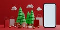 Red background with empty white screen mobile mockup, shopping bag, gift box and Christmas trees for advertisement. 3D rendering Royalty Free Stock Photo