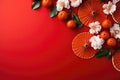 Red Background With Fans, Tangerines And Flowers, Empty Space, Top View, Chinese New Year. Generative AI