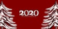 2020 red background with fluffy numbers and christmas trees. New Year, Christmas, winter theme. Picture for the design of