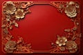 Red background with a frame of gilded flowers. Chinese traditions. Generated by artificial intelligence