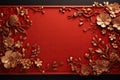 Red background with a frame of gilded flowers. Chinese traditions. Generated by artificial intelligence