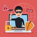 Red background global world silhouette with laptop and thief man hacker alert attack