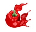 Red background with isolated paprika and splash of ketchup, sauce, juice. 3d illustration, 3d rendering