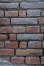 Red background of old vintage brick wall texture. Close-up view of an old stone brick wall with traces of blue paint. Royalty Free Stock Photo