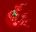 Red background with paprika and splash ketchup, sauce, juice. 3d illustration, 3d rendering