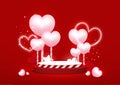 Red background with Podium for product display, elements festive decorative. Cute hearts shape balloons, stars. Valentine scene.