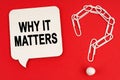 On a red background are a question mark made of paper clips and a sign with the inscription - WHY IT MATTERS Royalty Free Stock Photo