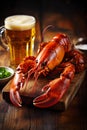 red background snack food fish crawfish glass crab seafood crayfish beer. Generative AI. Royalty Free Stock Photo