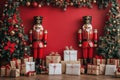 A red background with two nutcrackers and a tree Royalty Free Stock Photo
