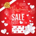 Red background Valentines Day sale banner with gift box paper cut style Royalty Free Stock Photo