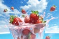 red background water freshness fresh blue food healthy splash strawberry fruit. Generative AI.