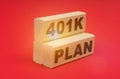 On a red background, wooden blocks with the inscription - 401K PLAN