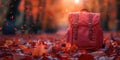 Red Backpack in Autumn Forest Royalty Free Stock Photo