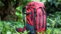 Red backpack is sitting on the ground in a lush green field Royalty Free Stock Photo