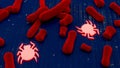 Red Bacteria on blue digital surface with bugs cybersecurity concept Royalty Free Stock Photo