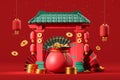 Red bag full of chinese lucky coins and asian gates, fortune and prosperity Royalty Free Stock Photo