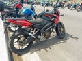 Red Bajaj Rouser Pulsar NS 200 Indian sport motorcycle. Expo Wheels 2021 motorbikes show.