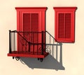 Red balcony and window in strong summer light