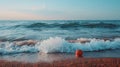 A red ball on the beach next to a wave, AI Royalty Free Stock Photo