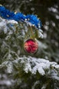 Red Ball and Blue Tinsel on the Christmas Tree