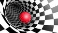 Red ball in a chess tunnel chess metaphor. The space and time. Cyclical 3D animation.