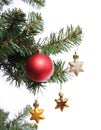 Red ball and gold stars on Christmas tree branch Royalty Free Stock Photo