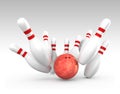 Red ball hitting on bowling pins